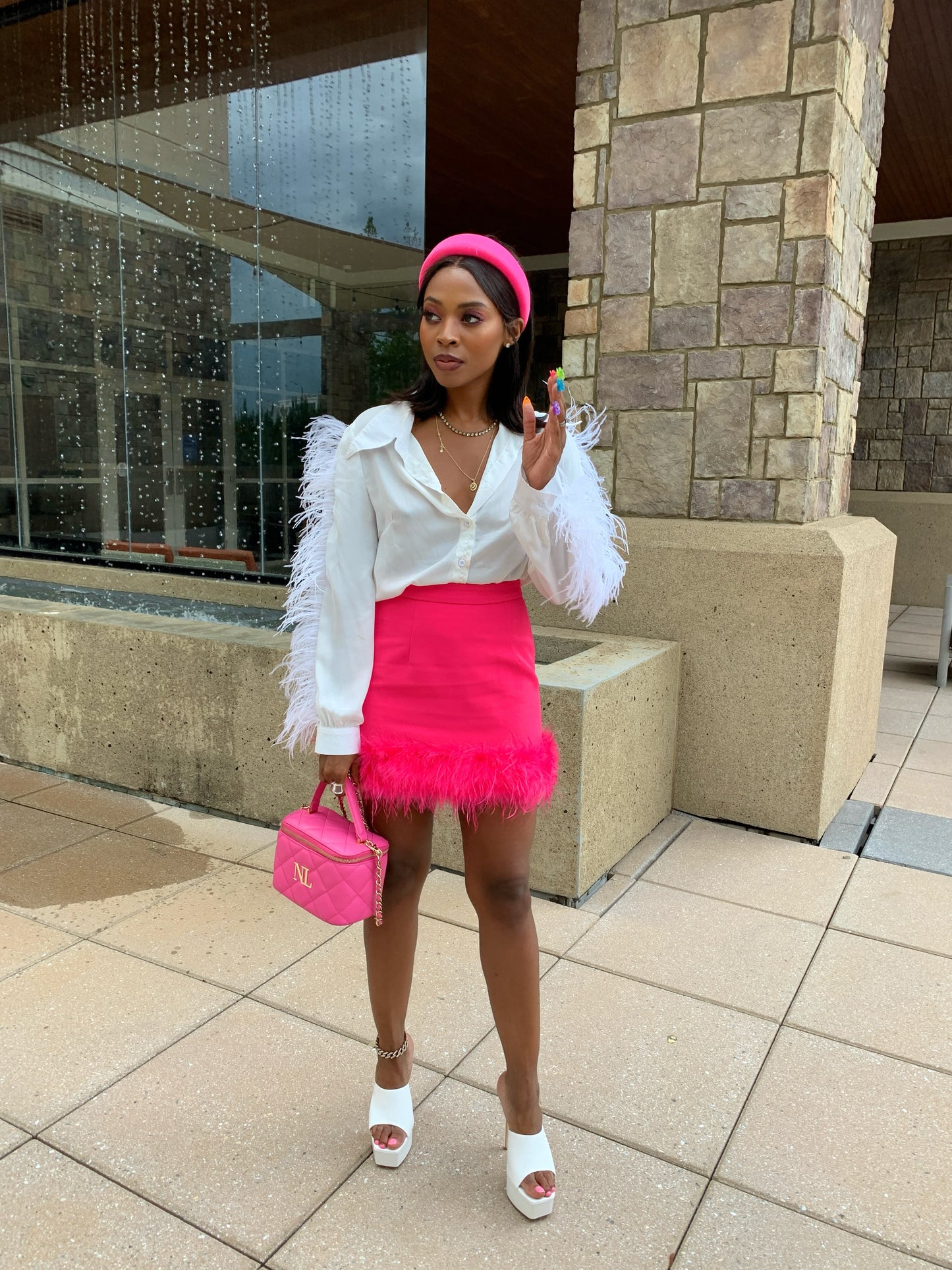 Pink feather trim skirt