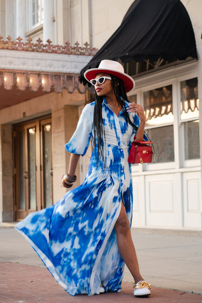 Blue and white button down dress