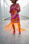 pink and orange ankara dress, shoulder pads,orange fringe, lantern sleeves,pockets