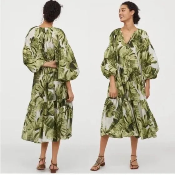 H&M leaf print balloon sleeve dress