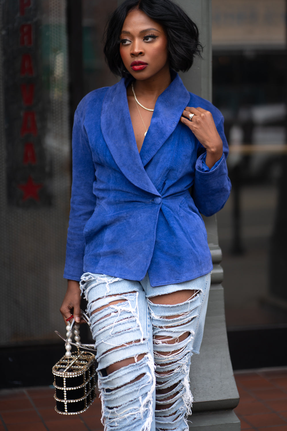 Vintage Cobalt Blue Firenze leather blazer